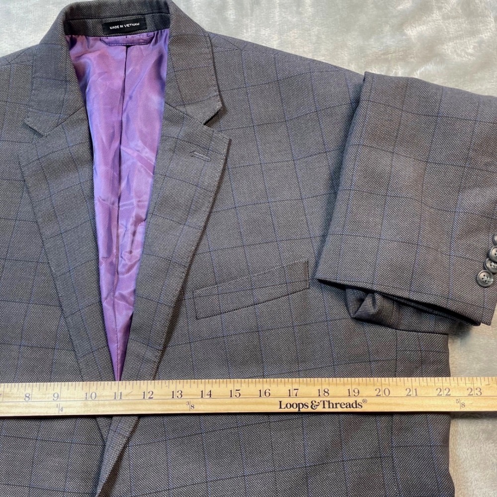 Sean John Mens 44L Blazer Charcoal Indigo Windowpane Purple Lining Suit Jacket - Picture 11 of 14